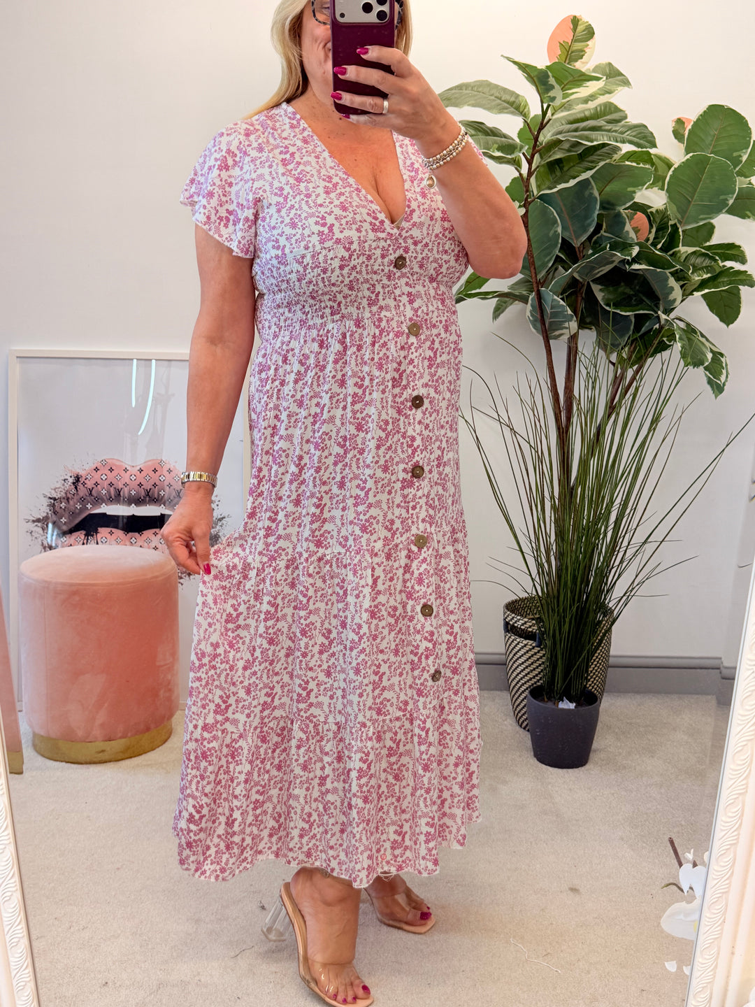 Ladies Fashion Daisy Print Midi Day Dress - Blue, Navy, Pink, Red