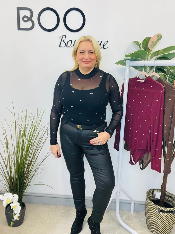 LADIES SHEER DIAMANTE BODYSUIT - BLACK, WINE, BROWN