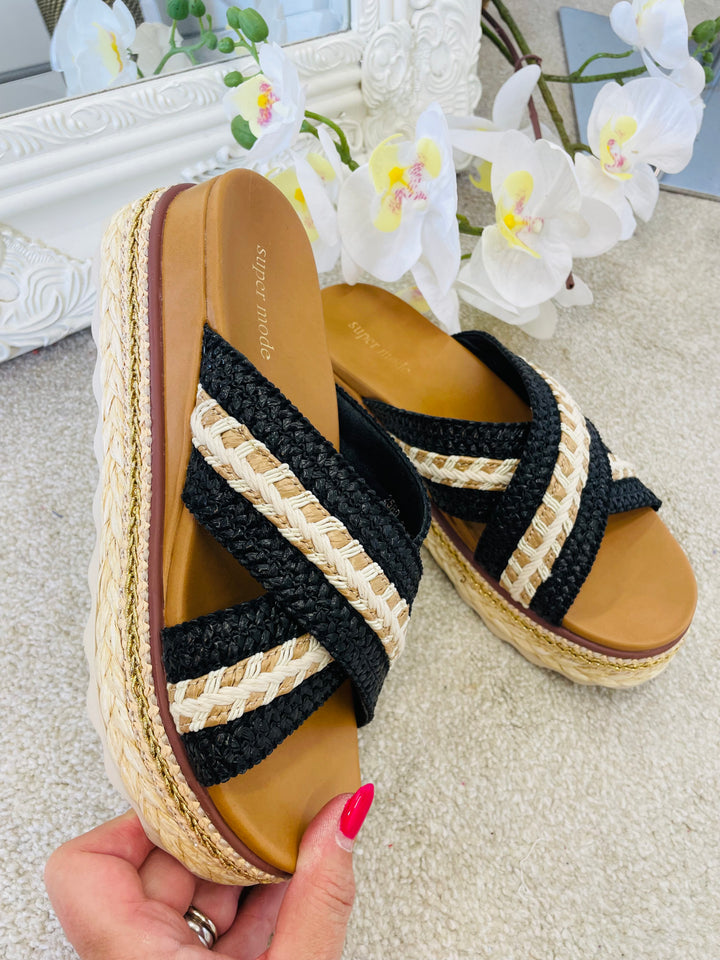 LADIES BLACK WOVEN SUMMER HOLIDAY FLATFORM SLIDER SANDALS 