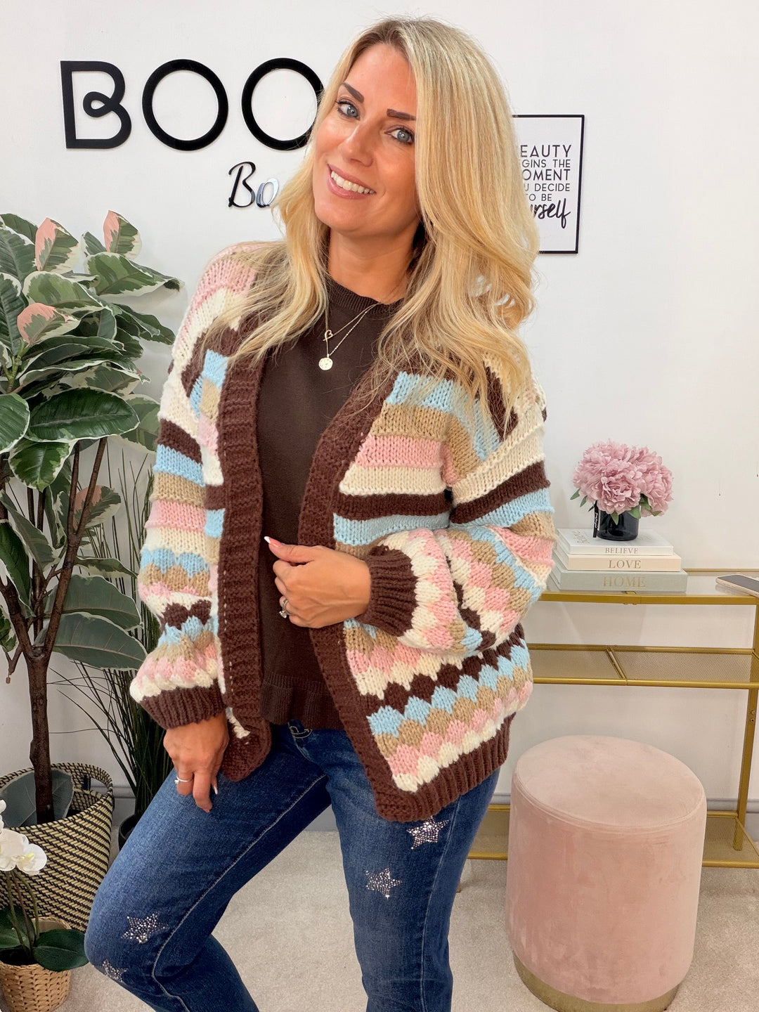 Ladies Fashion Beige Brown Blue Pink Stripe Chunky Knit Cardigan