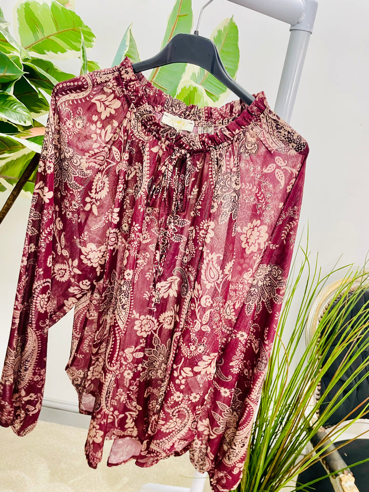 Ladies wine burgundy chiffon paisley print top 