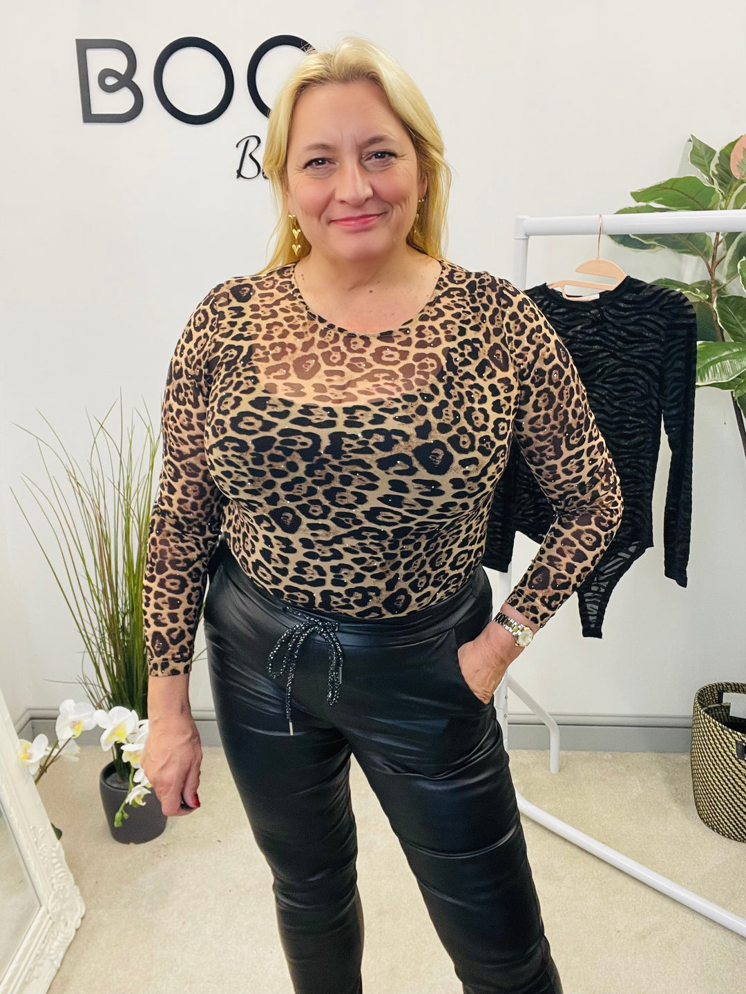 LADIES SHEER STRETCH BODYSUIT - BLACK & LEOPARD PRINT