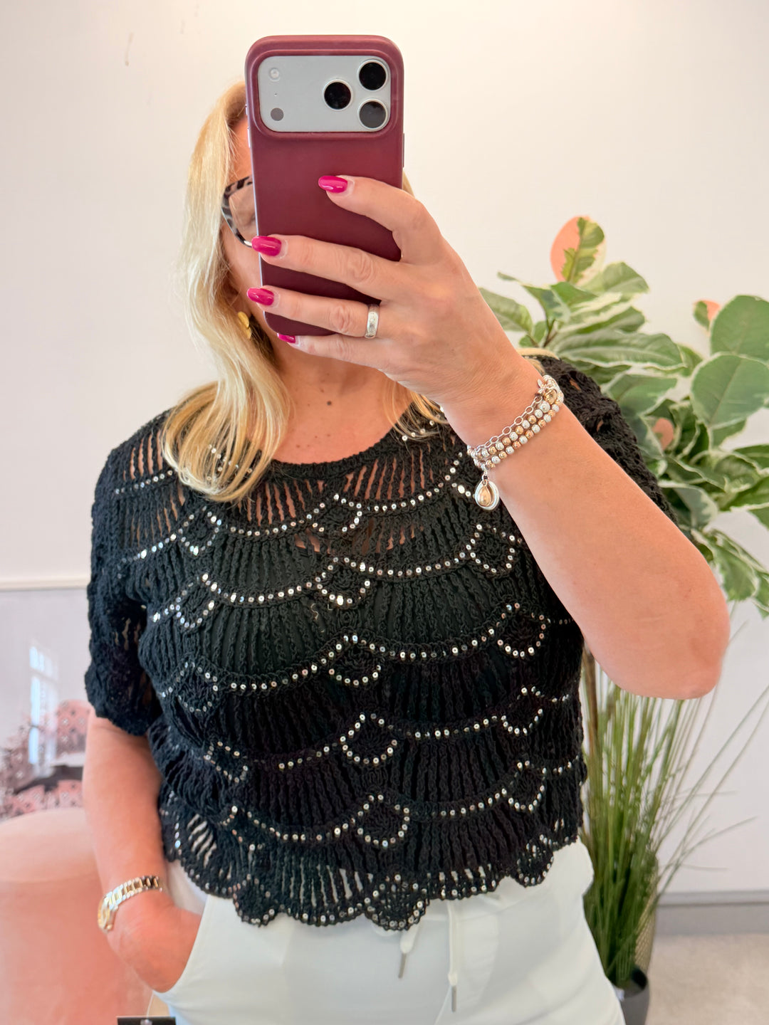 Ladies Sparkly Crochet Bolero Top - Black & White