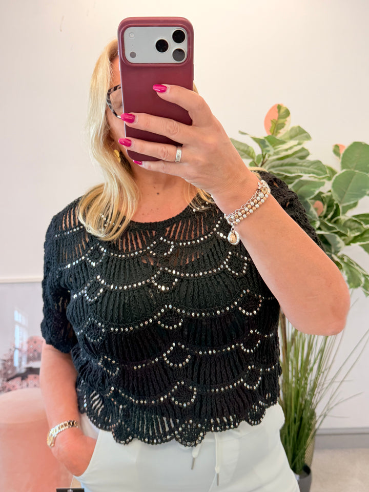 Ladies Sparkly Crochet Bolero Top - Black & White