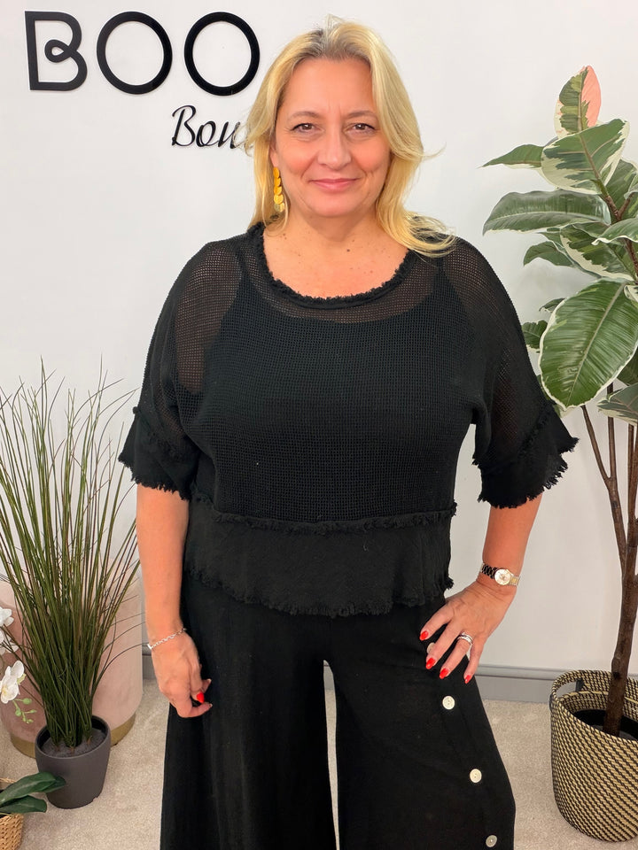 Ladies Tea Bag Linen Top black