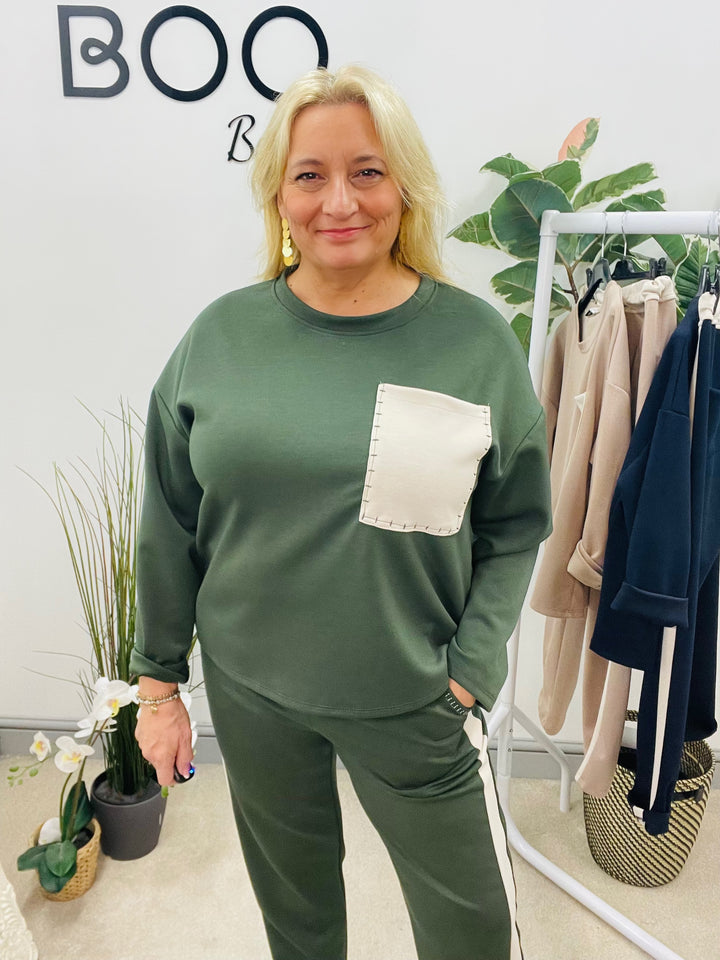 LADIES PATCHWORK POCKET SCUBA TROUSER CO ORD SET - NAVY, KHAKI & BEIGE