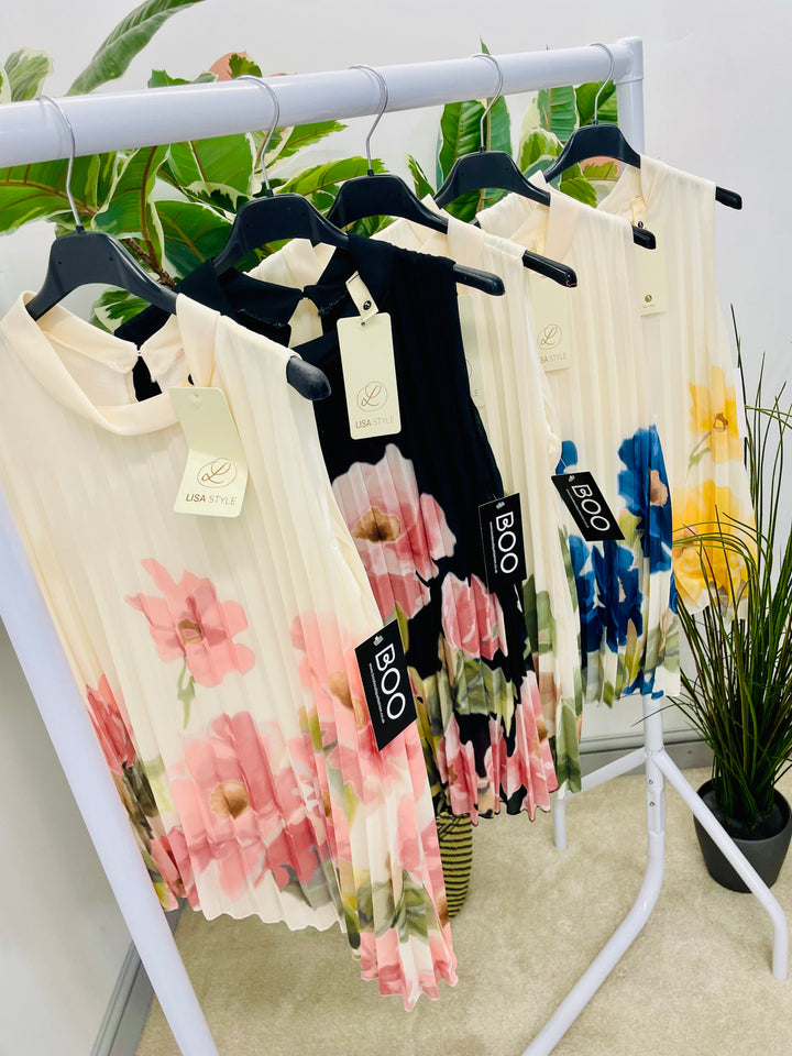 LADIES PLEATED FLOWER PRINT CHIFFON TOP - BLACK, KHAKI, LEMON, PINK & NAVY