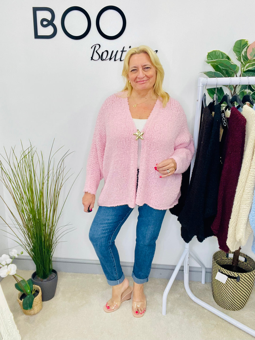 LADIES POPCORN KNIT CARDIGAN - BLACK, BURGUNDY, BROWN, BEIGE, BLUE & PINK