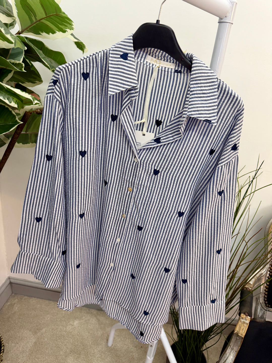 Ladies Fashion Pinstripe Shirt - Navy, Blue & Beige