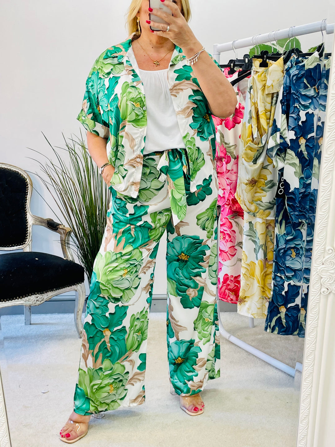 LADIES FLORA PRINT SATIN WIDE LEG PALAZZO TROUSERS - PINK, NAVY, GREEN, BLACK, YELLOW