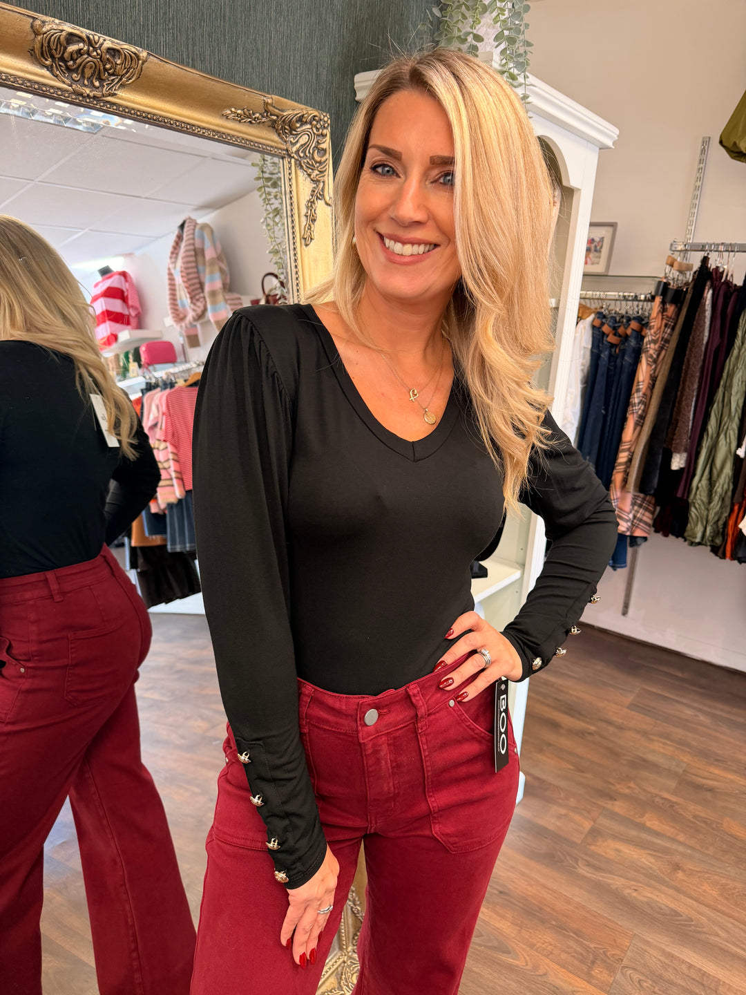 Womens basic jersey long sleeve top - black, navy, wine & brown