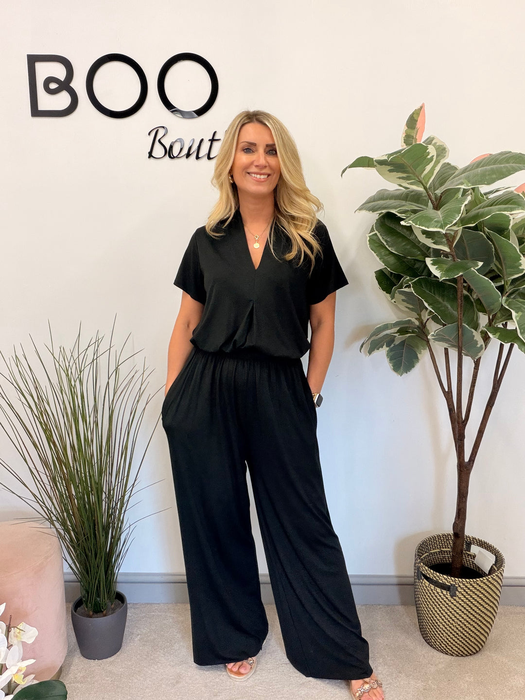 Ladies Fashion Jersey Wide Leg Trouser Co Ord Set - Black, Navy, Khaki & Brown