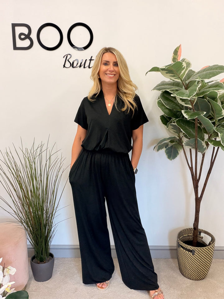 Ladies Fashion Jersey Wide Leg Trouser Co Ord Set - Black, Navy, Khaki & Brown