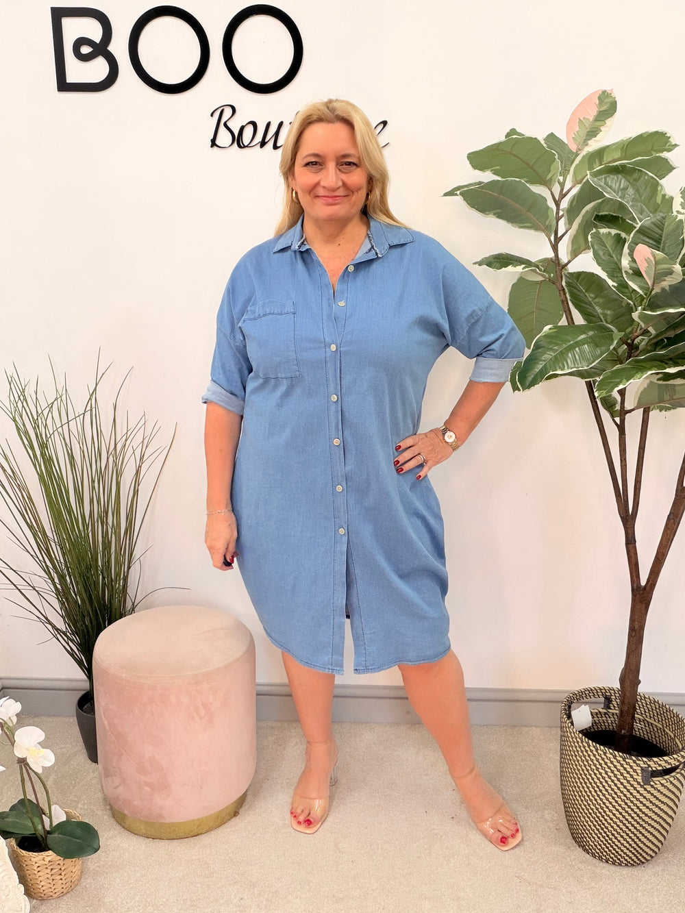 Ladies Fashion Stretch Blue Denim Day Midi Dress