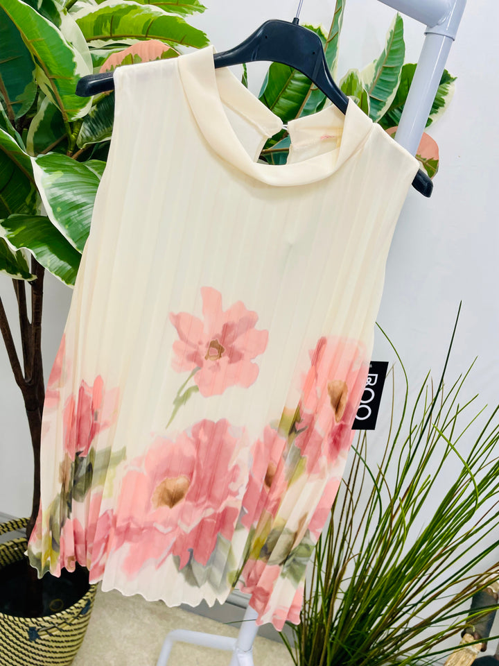LADIES PLEATED FLOWER PRINT CHIFFON TOP - BLACK, KHAKI, LEMON, PINK & NAVY