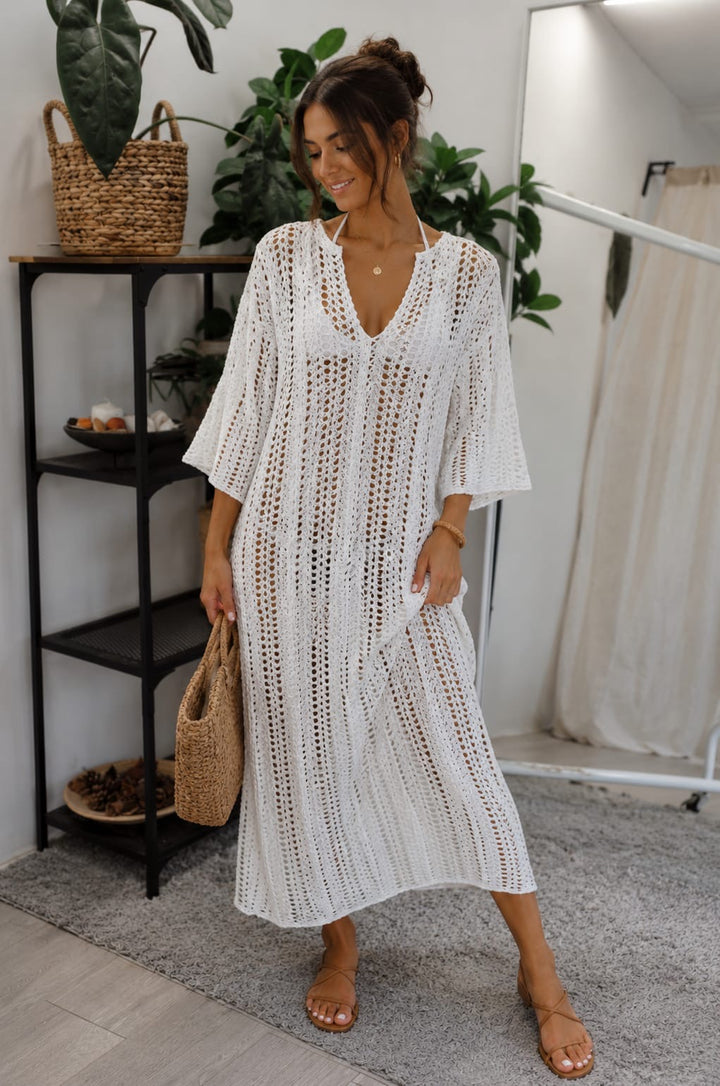 Ladies White Crochet Beach Swimwear Cover Up Dress