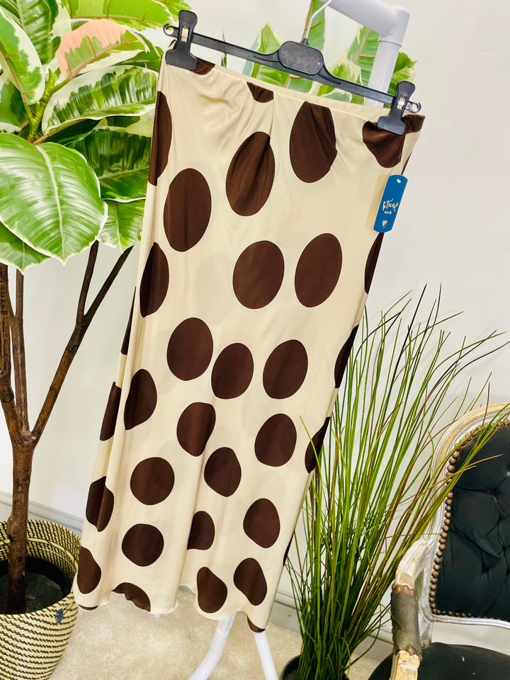 LADIES POLKA DOT SATIN MAXI SKIRT - CHOCOLATE BROWN, BURGUNDY & BEIGE