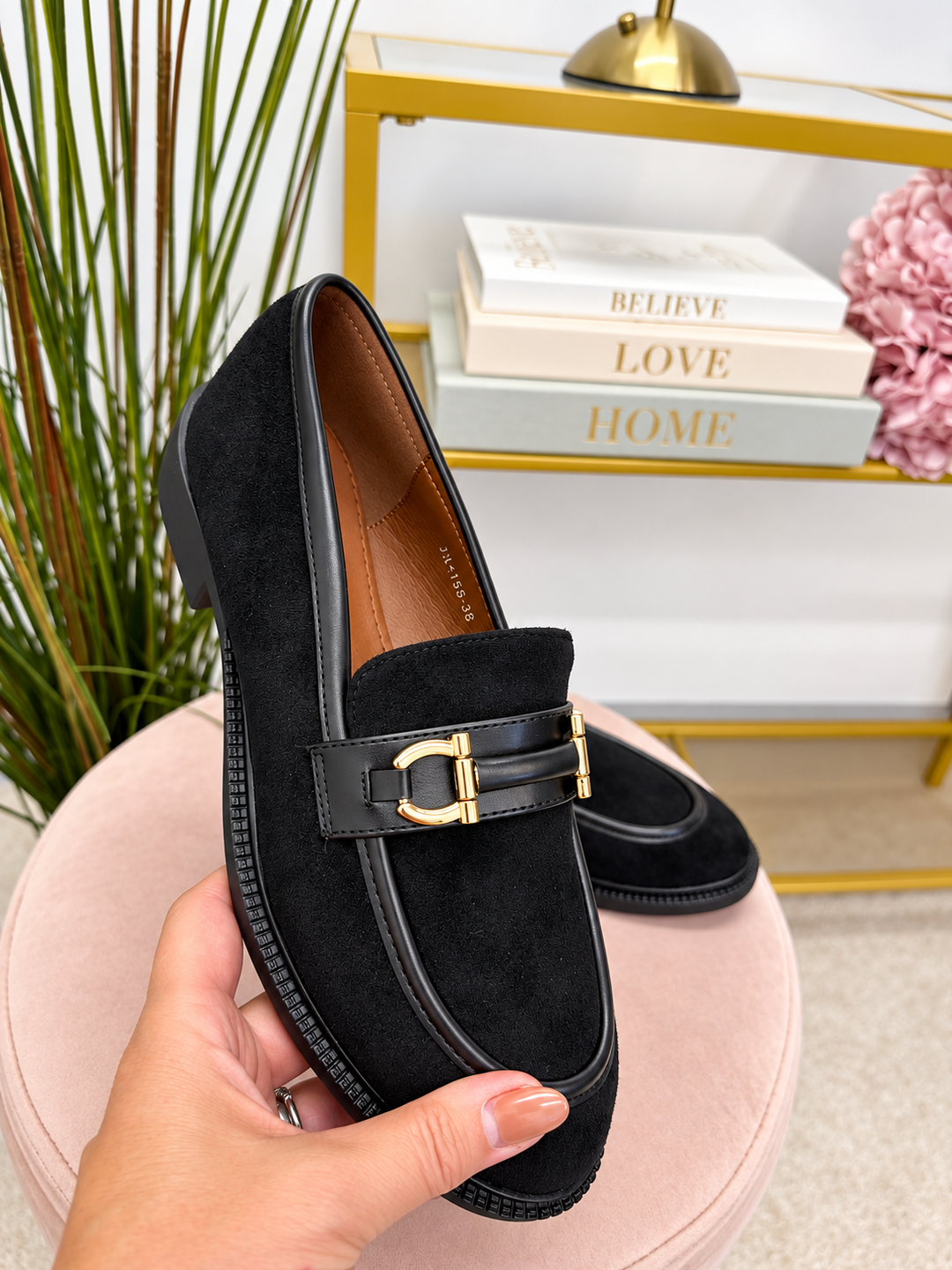 Ladies Fashion Black Faux Suede Flat Loafer Shoes 