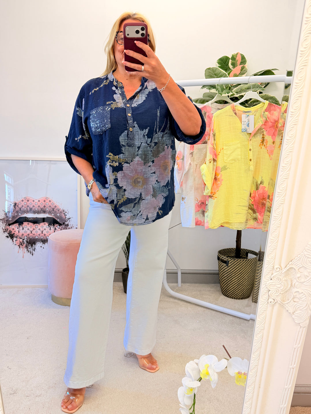Ladies Floral Print Light Linen Grandad Shirt Top - White, Navy & Lemon