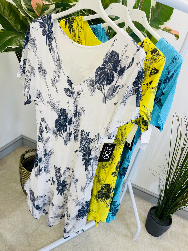 LADIES STRETCH COTTON SUMMER DAY DRESS - WHITE, YELLOW, TURQUOISE