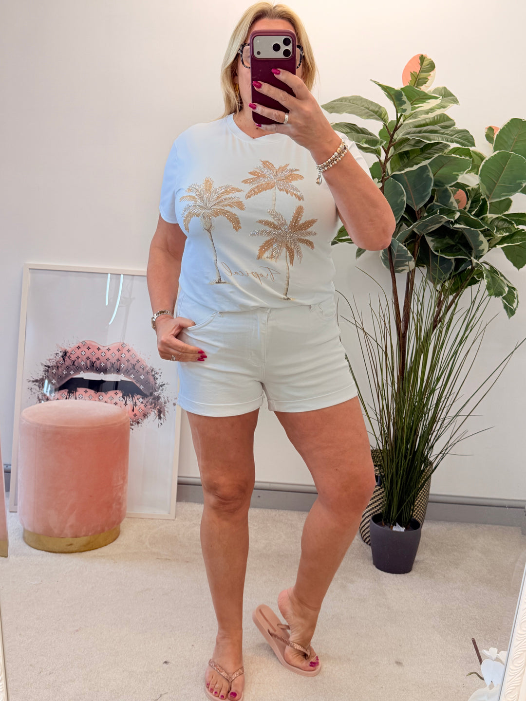 Ladies White Sparkly Tropical Print T Shirt - Navy, Blue, Pink, Khaki & Beige