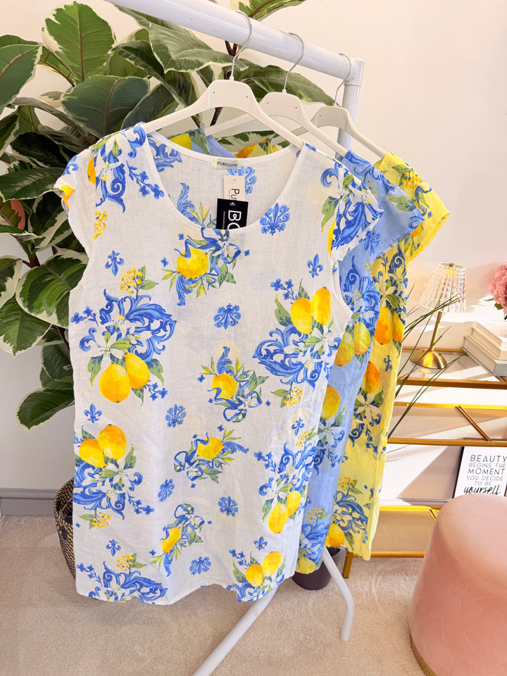 Ladies Linen Lemon Print Shift Summer Dress - Lemon, White & Blue
