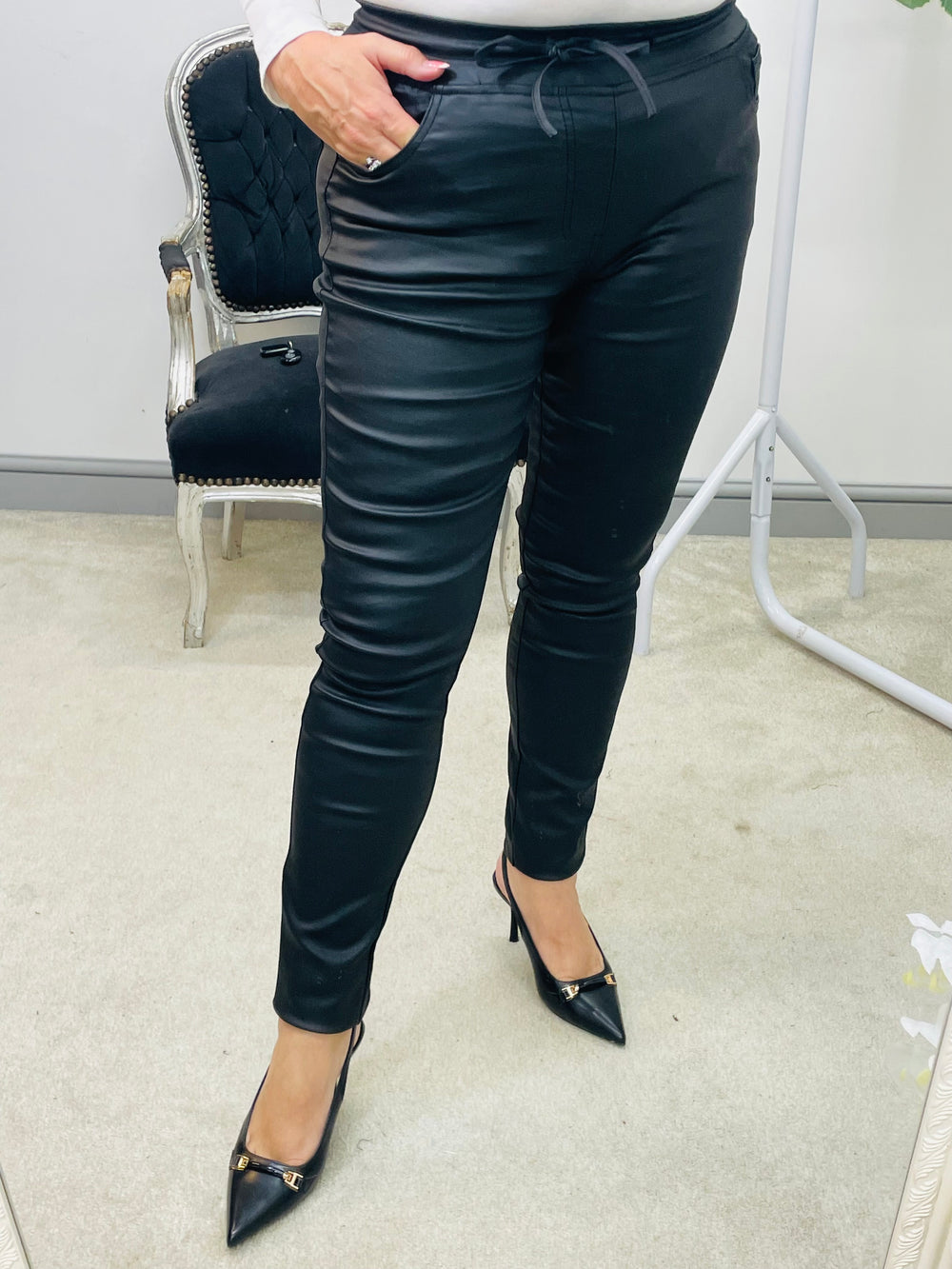 LADIES BLACK WAXY SHINY JOGGY JEANS