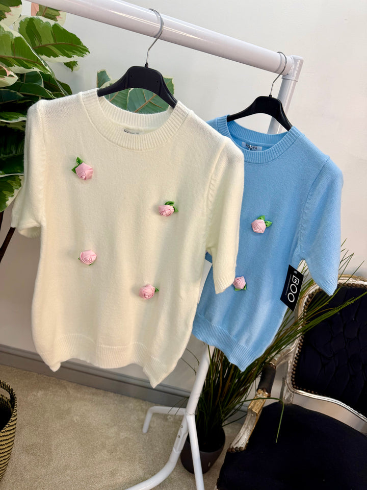 Ladies Fashion Pretty Short Sleeve Jumper - white and blue