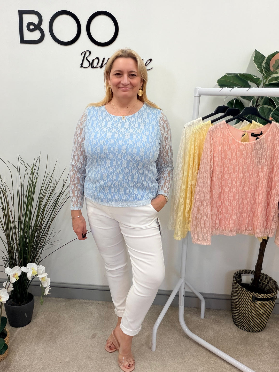 LADIES FASHION LACY LONG SLEEVE TOP - LEMON, WHITE, BLUE & PINK
