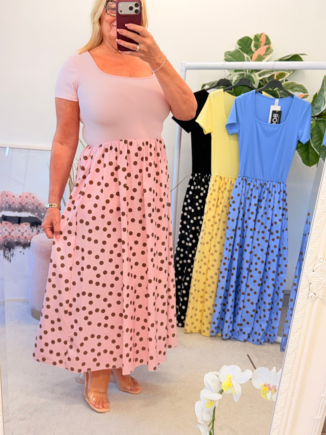 Ladies Fashion T Shirt Polka Dot Midi Dress - Blue, Pink, Black & Lemon