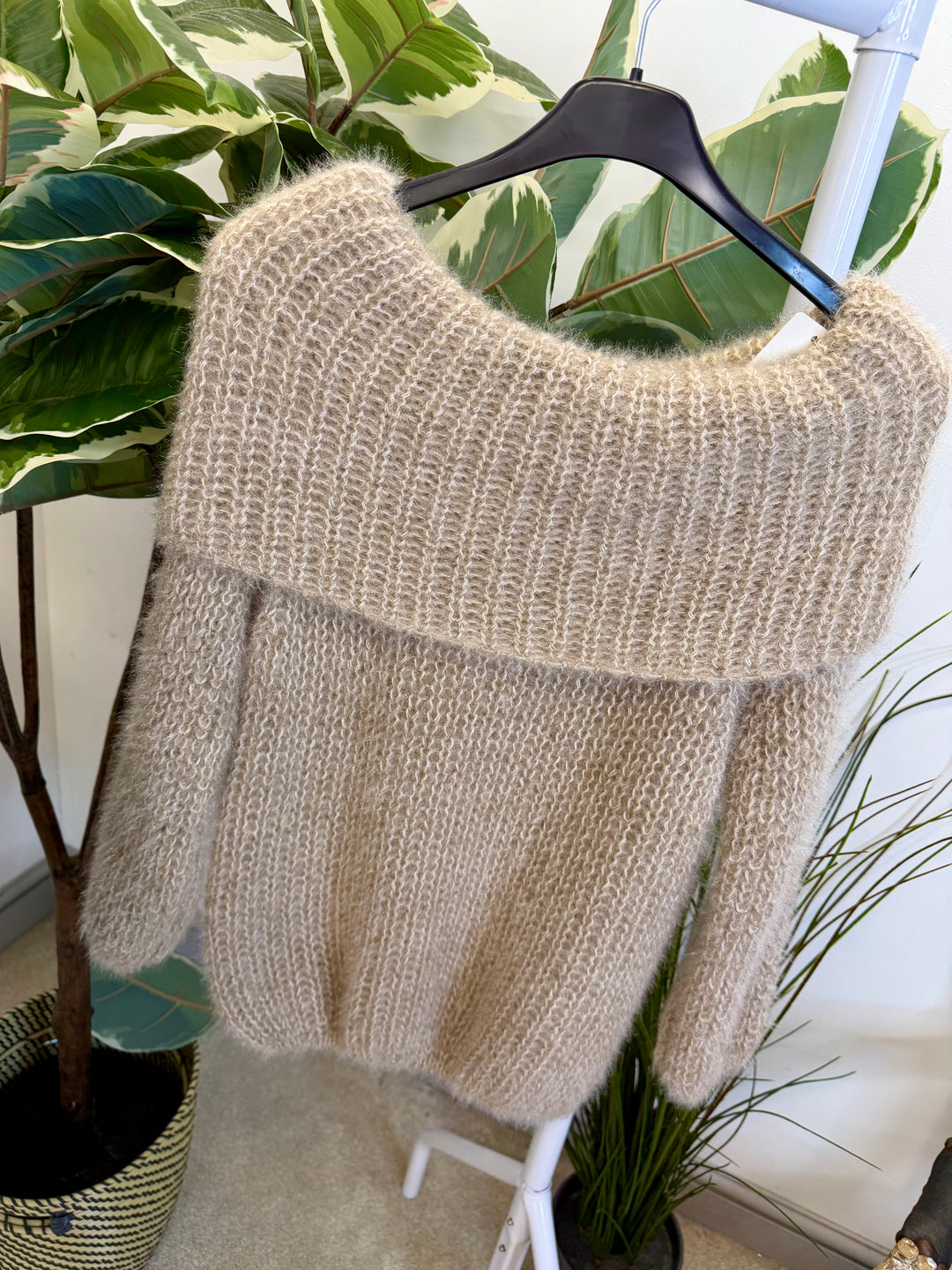 LADIES FLUFFY KNIT BARDOT JUMPER - MINT, BLACK, CREAM, PINK, LEMON & MOCHA