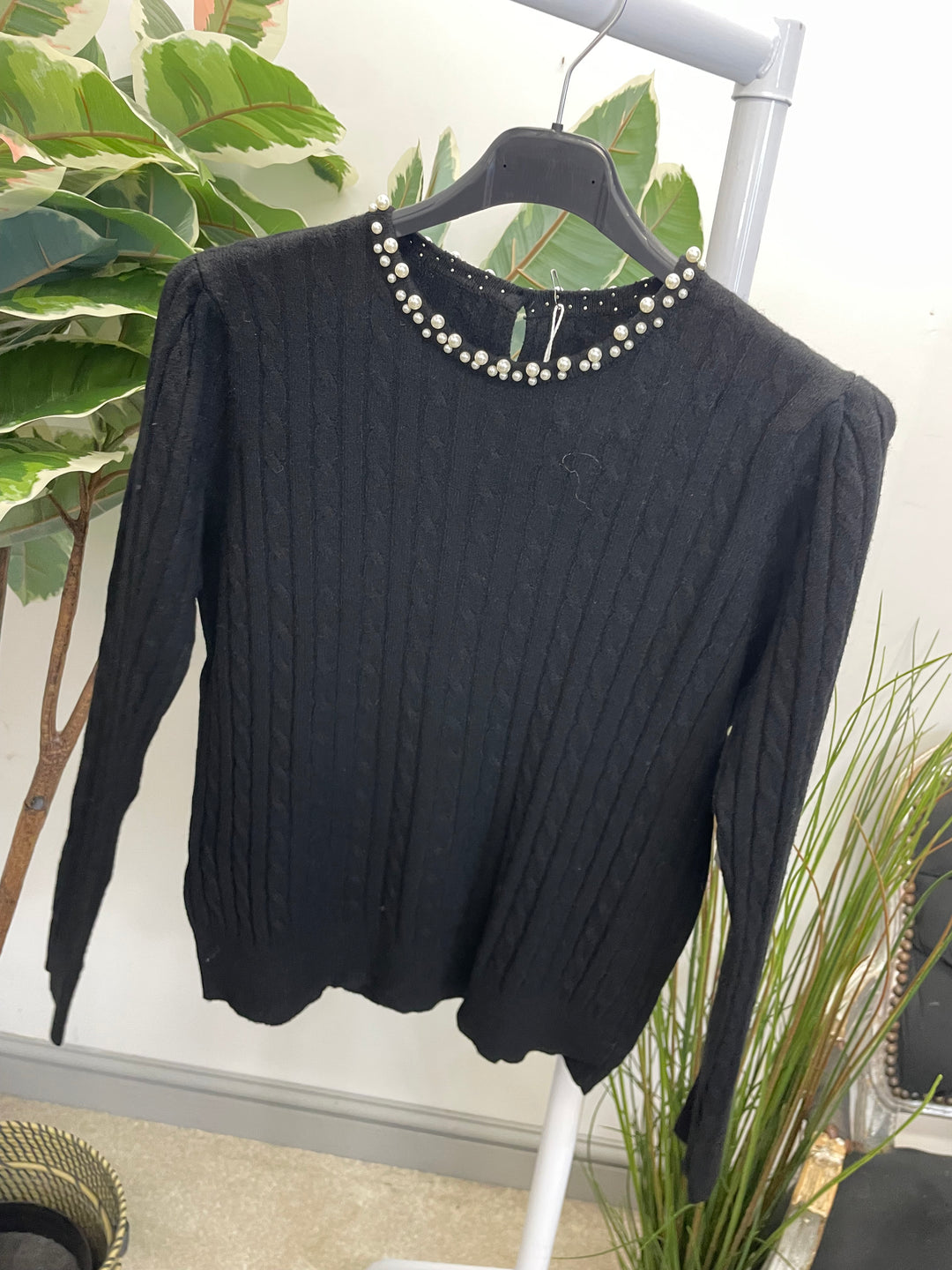 LADIES CABLE KNIT PEARL NECK JUMPER - BERRY, CREAM, BLACK, RED, BROWN