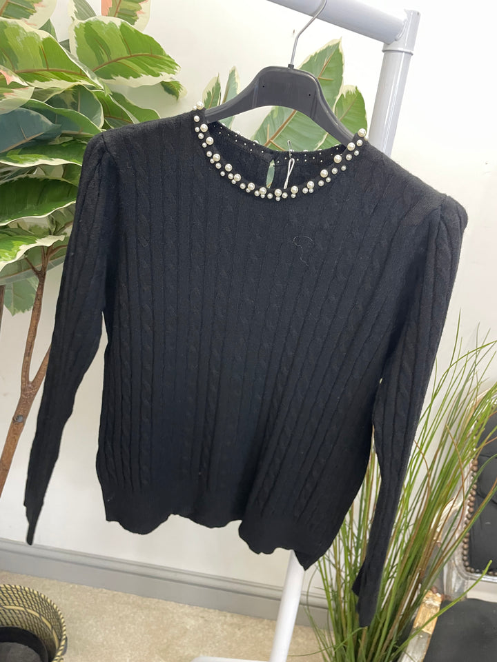 LADIES CABLE KNIT PEARL NECK JUMPER - BERRY, CREAM, BLACK, RED, BROWN