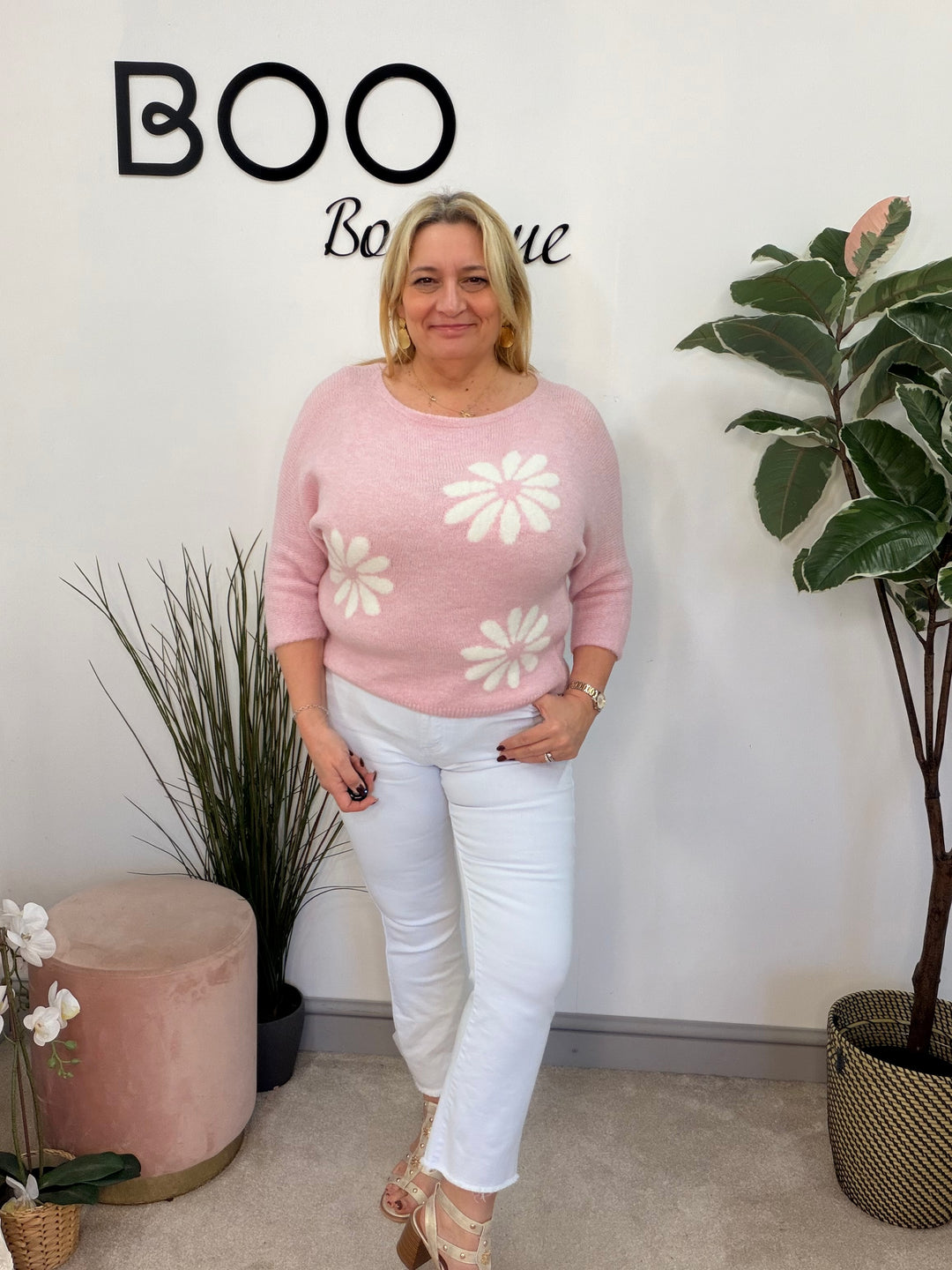 Ladies Fashion Daisy Short Sleeve Jumper - lemon, blue, white & pink