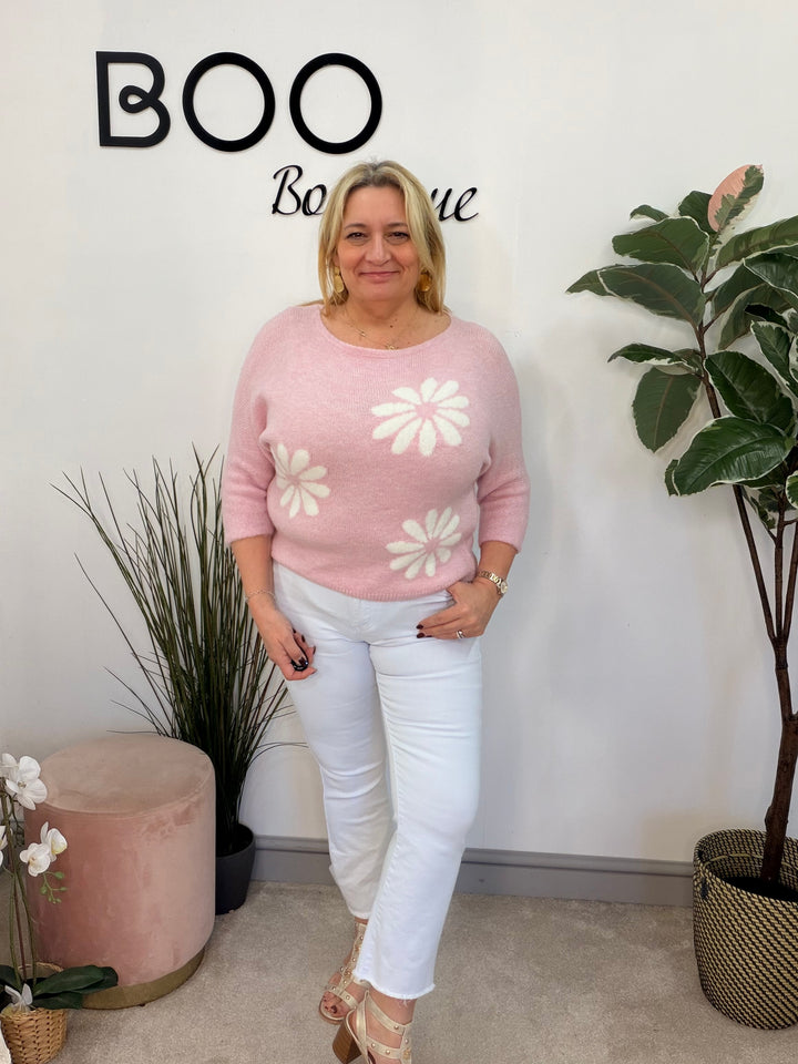 Ladies Fashion Daisy Short Sleeve Jumper - lemon, blue, white & pink