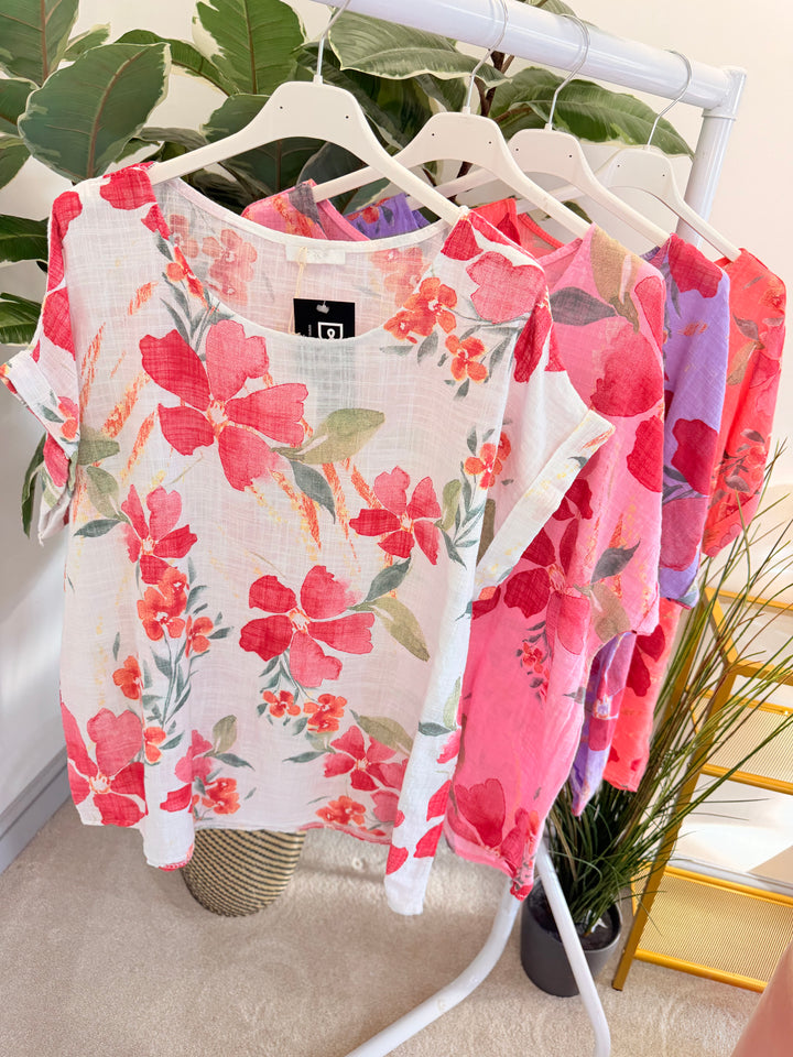 Ladies Flower Print Linen Casual Top - White, Pink, Lilac & Coral