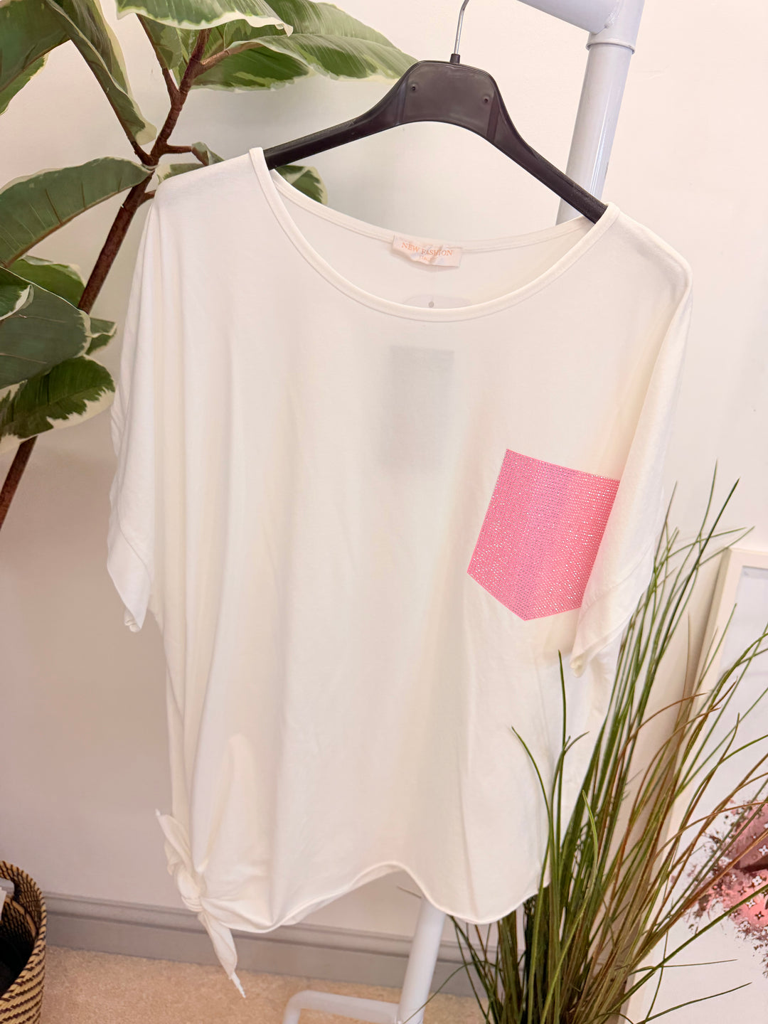Ladies Fashion Diamante Pocket Loose Fit T Shirt - Lemon, White, Blue & Pink