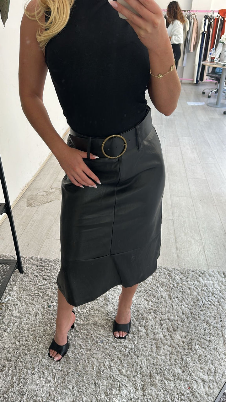 LADIES BLACK FAUX LEATHER MIDI SKIRT