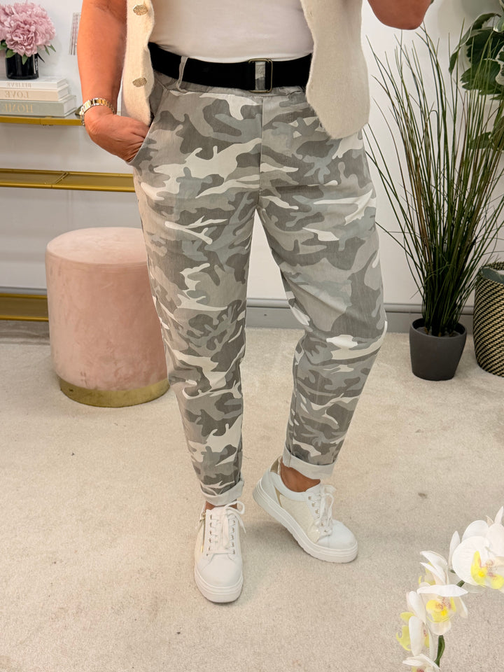Ladies Fashion Super Stretch Camo Magic Trousers - Khaki & Grey