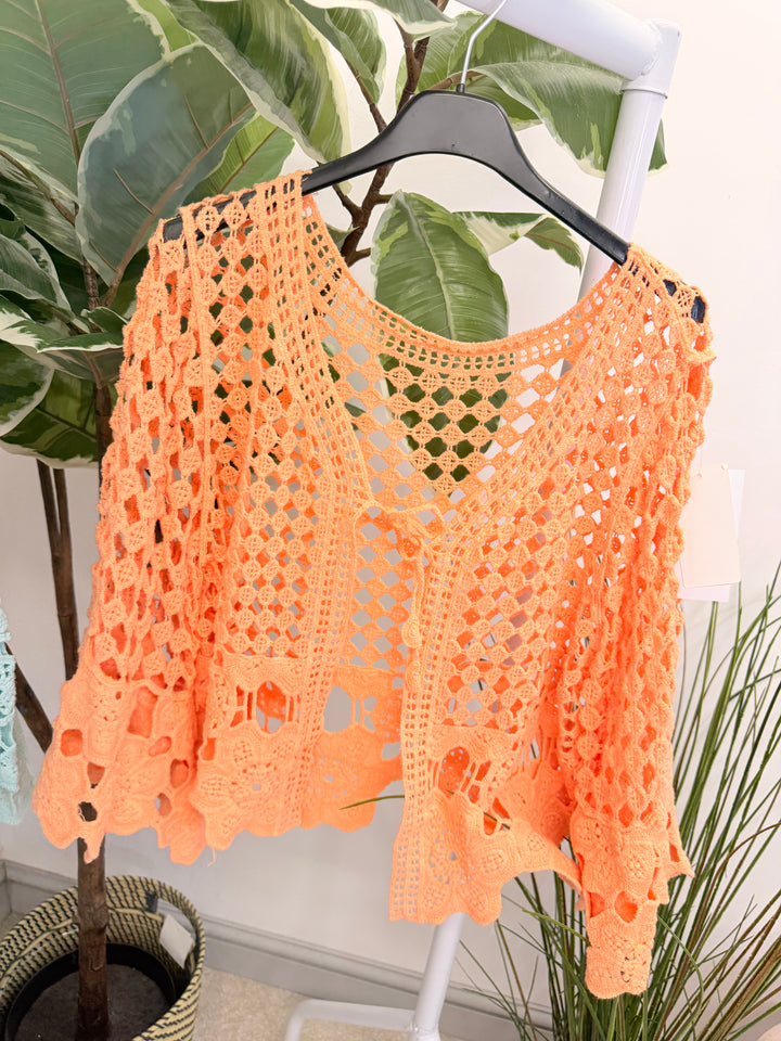 Ladies Fashion Crochet Bolero Cardigan peach coral