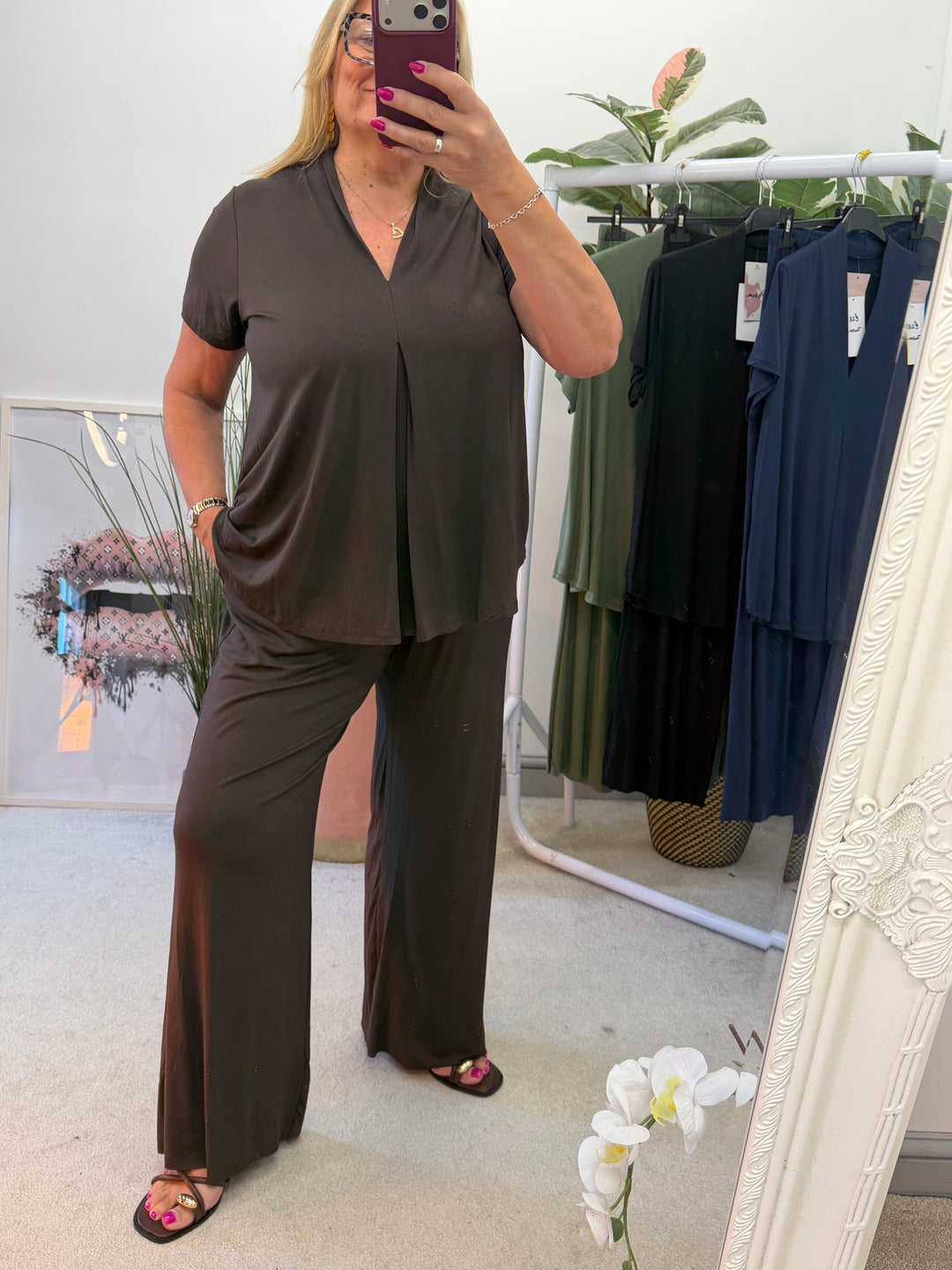 Ladies Fashion Jersey Wide Leg Trouser Co Ord Set - Black, Navy, Khaki & Brown