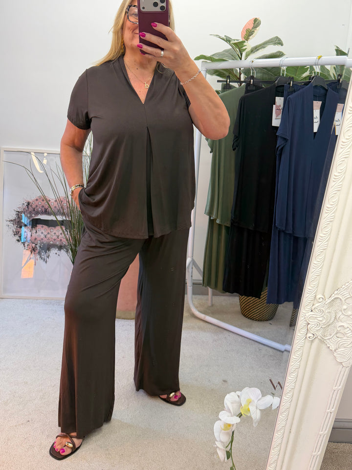 Ladies Fashion Jersey Wide Leg Trouser Co Ord Set - Black, Navy, Khaki & Brown