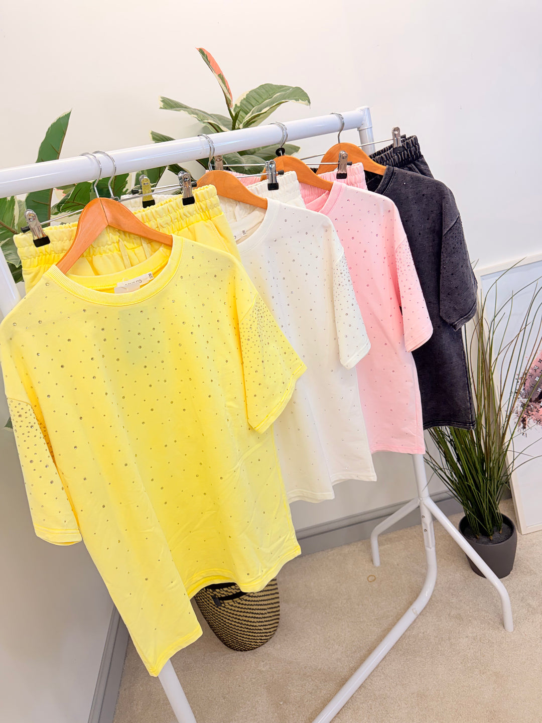 Ladies Fashion Sparkly Sweatshirt Shorts Co Ord Set - Pink, White, Charcoal & Lemon