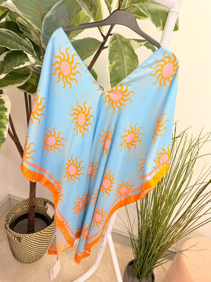 Ladies Fashion Silky Sun Print Kaftan Beach Cover Up Top 