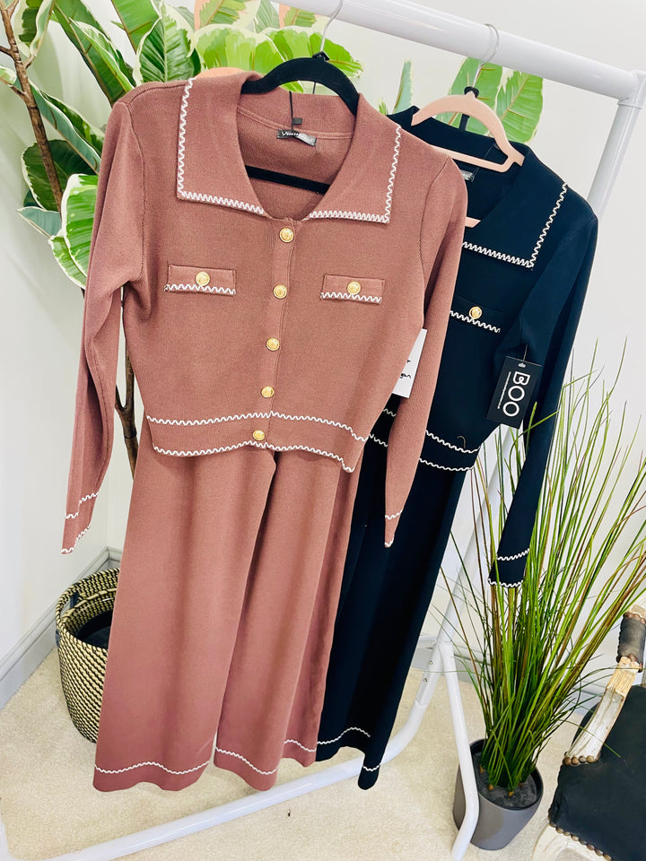 LADIES STRAIGHT LEG TROUSER CO ORD SET - BLACK AND BROWN