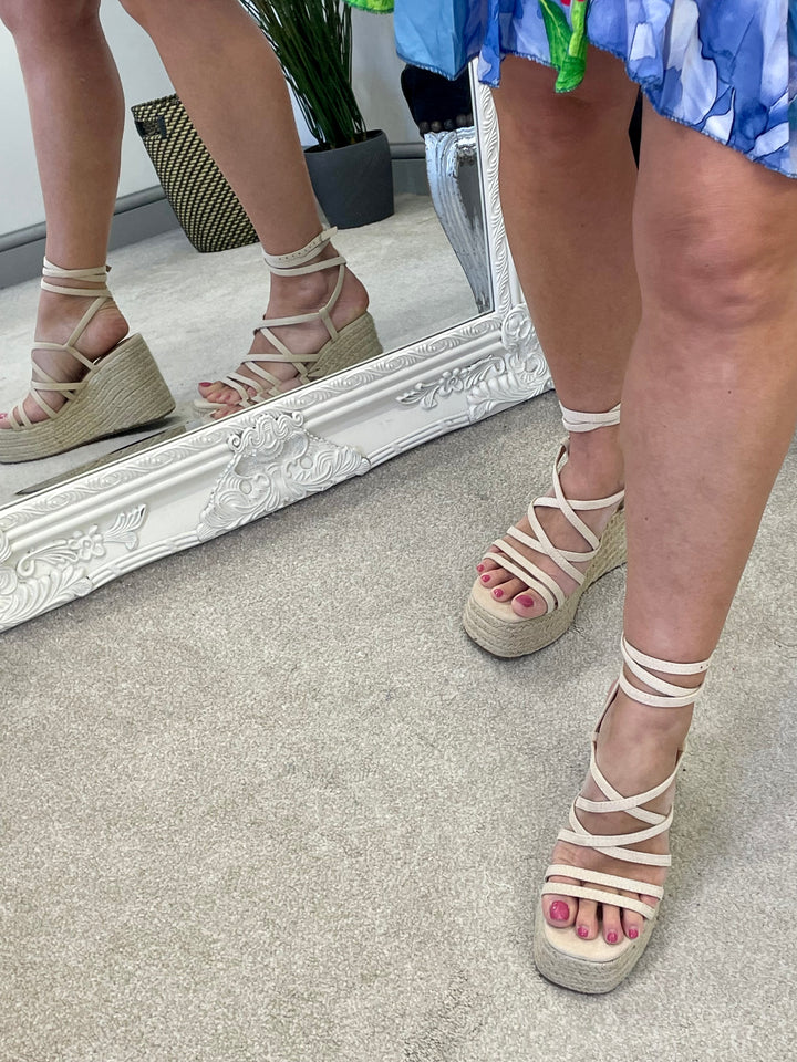 LADIES WOMENS SUMMER BEIGE STRAPPY FLATFORM SANDALS
