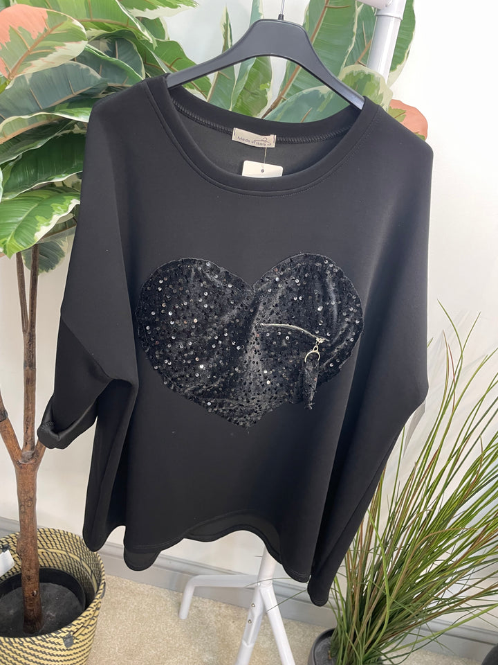 LADIES SCUBA SEQUIN HEART SWEATSHIRT TOP - BURGUNDY, BLACK, BROWN, BEIGE