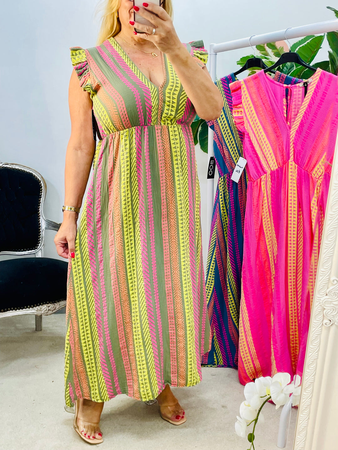 LADIES AZTEC PRINT SUMMER HOLIDAY MAXI DRESS - PINK, DENIM BLUE & KHAKI