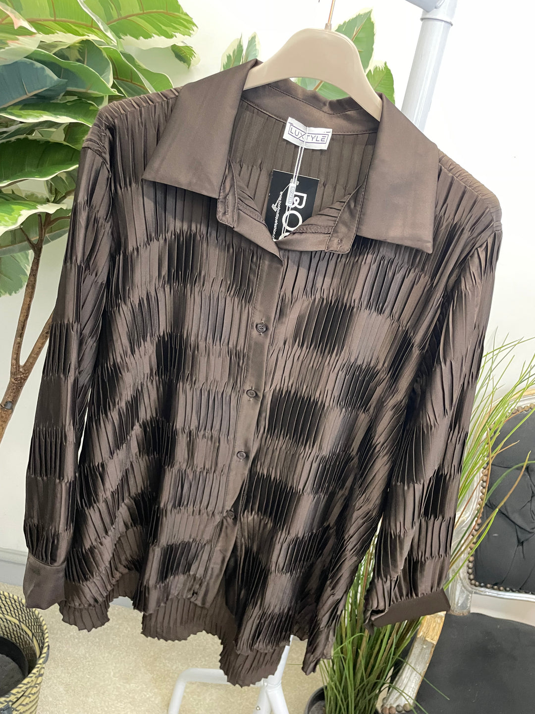 LADIES PLEATED OVERSIZE SHIRT BLOUSE - BLACK, PLUM & BROWN