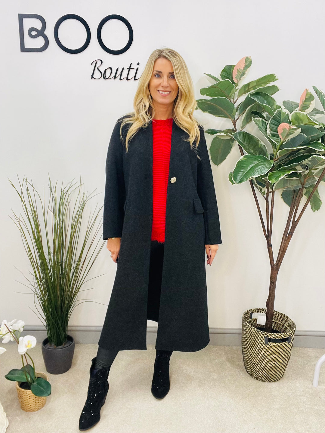 LADIES V NECK DUSTER COAT - CAMEL, CHARCOAL BLACK & GREY